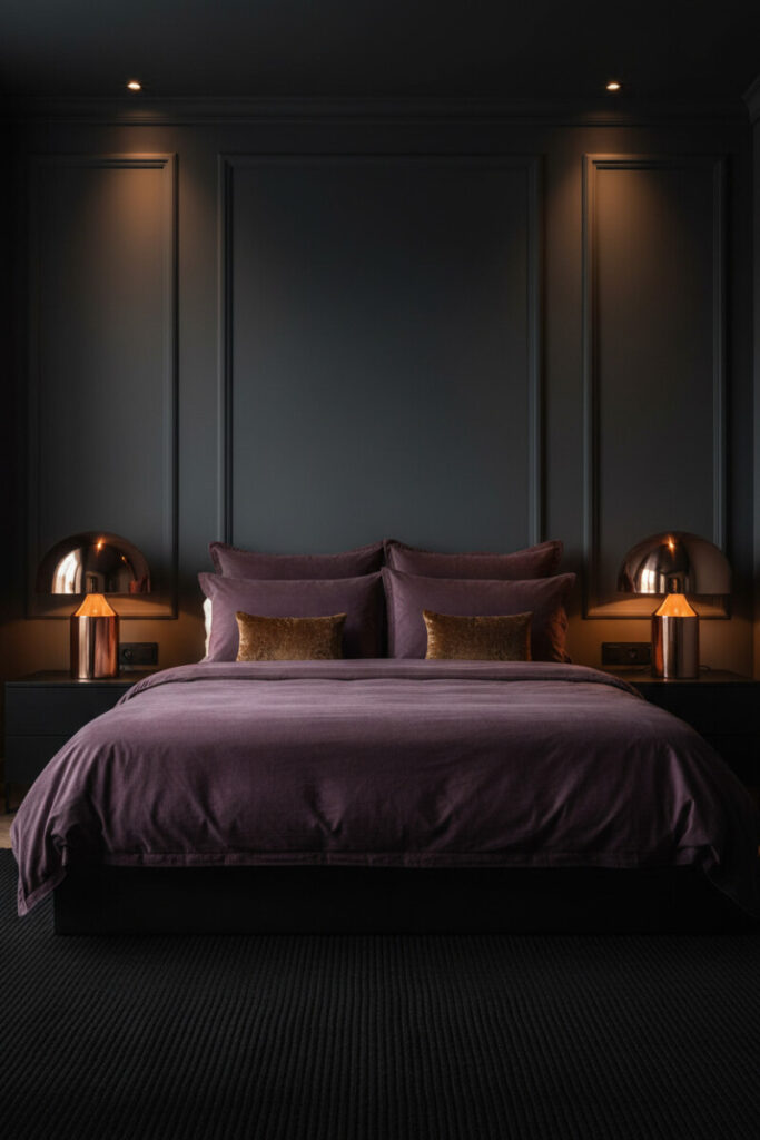 Textured plum velvet duvet against matte charcoal wainscoting, polished copper dome lamps, and ribbed black rug—Plum Velvet Comfort exuding luxury bedroom decor.