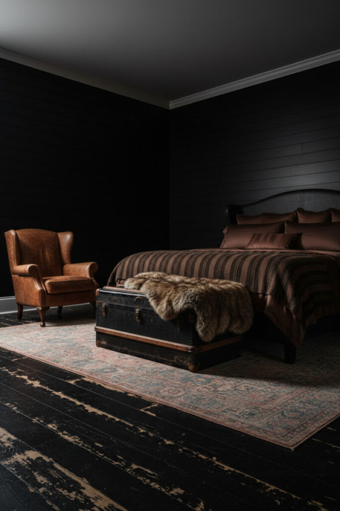 Matte black shiplap with white crown molding, distressed floors, vintage Persian rug, chocolate satin bedding, and cognac wingback—Rustic Noir Warmth grounded in dark bedroom design.