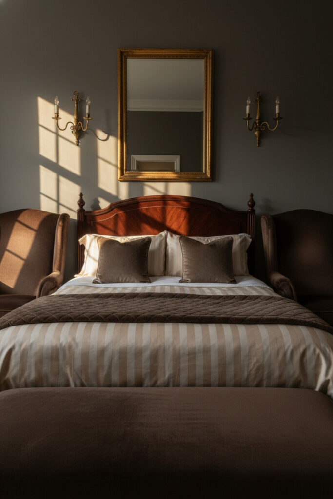 Golden afternoon sun slanting across deep greige walls, champagne-striped satin bedding, brass candle sconces, and twin velvet wingbacks—Sunlit Satin Warmth with refined shadows.