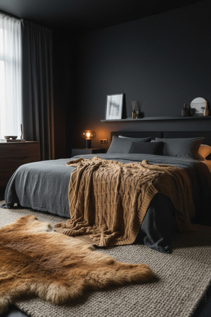 Matte charcoal room with wrinkled slate linen, chunky camel knit throw, layered rugs, and soft bedside lamp—Textured Calm offering a cozy take on dark bedroom design.