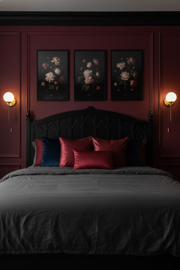 Burgundy paneled walls, Victorian headboard, floral triptych, and brass sconces casting warm halos—proof that burgundy ranks among the best paint colors for moody bedrooms.