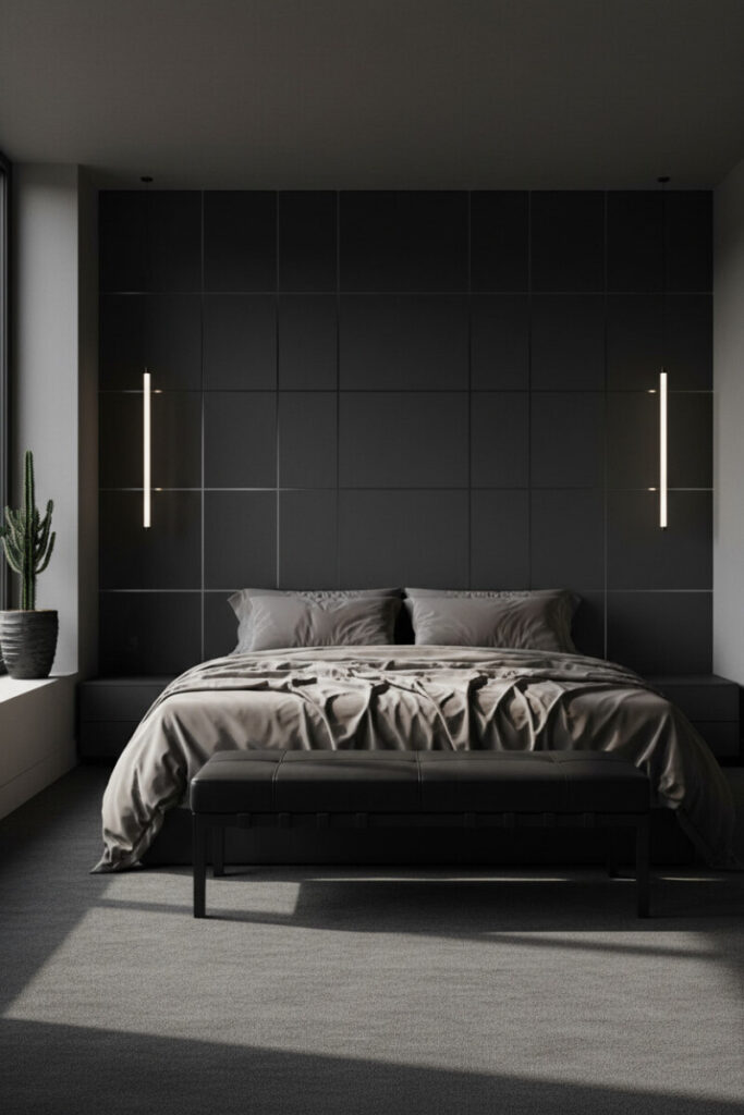Charcoal panel grid wall, taupe-gray silk bedding, and linear LED sconces beside a leather bench—a crisp study in dark bedroom design.