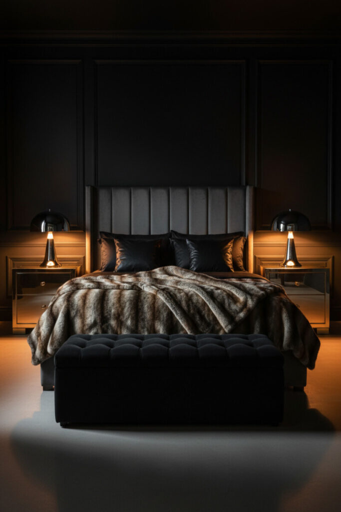 Matte black paneling, channel-tufted velvet headboard, chrome dome lamps, and faux fur throw—cinematic Charcoal Velvet Noir from the Moody Bedroom Ideas playbook.