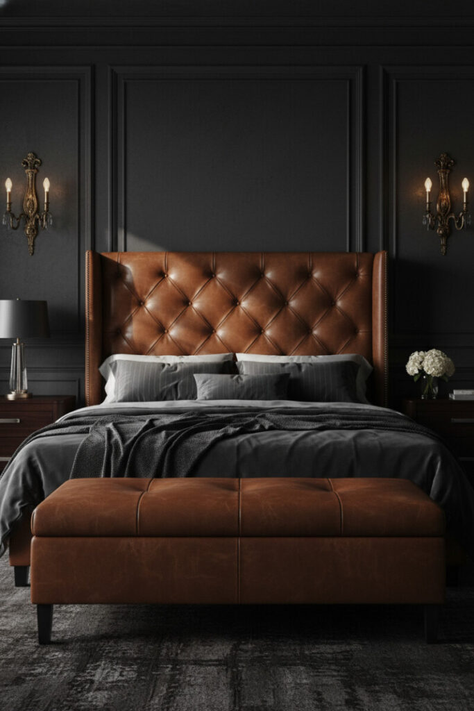 Cognac leather diamond-tufted headboard with charcoal bedding against anthracite plaster, brass sconces, and distressed rug—subtle, masculine luxury bedroom decor.