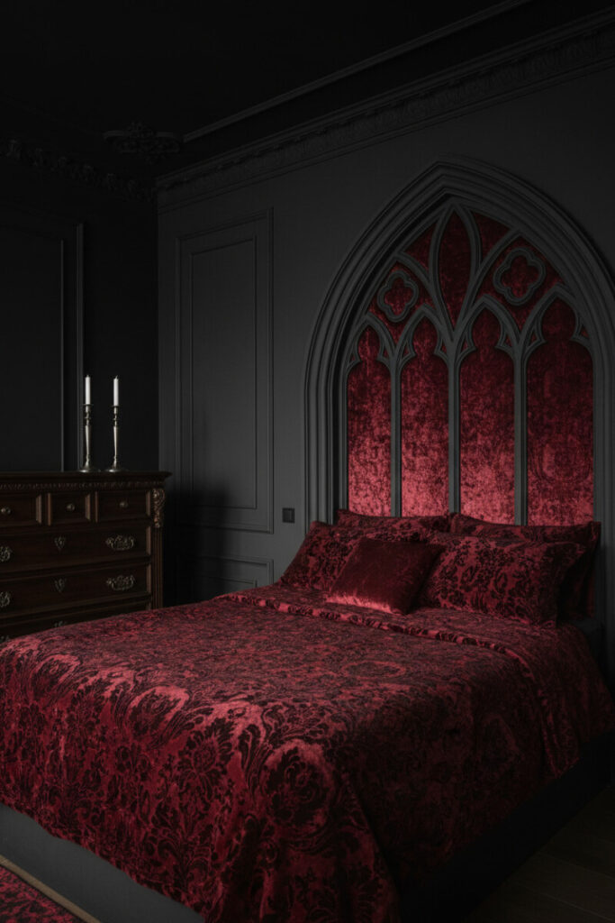 Towering cathedral-arch burgundy velvet headboard against matte black walls, candlelit accents, and damask bedding—Crimson Gothic Drama framed by shadow.
