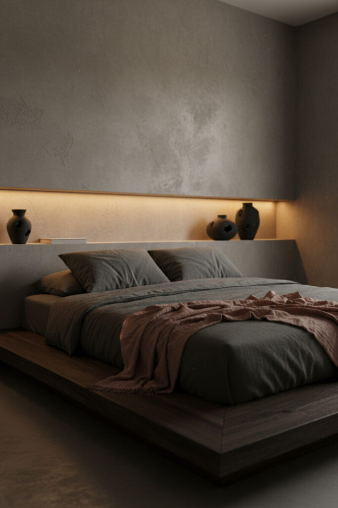 Low espresso platform bed against textured greige plaster, charcoal linen, and a dusty-rose throw under warm cove lighting—Earthy Wabi-Sabi Calm.