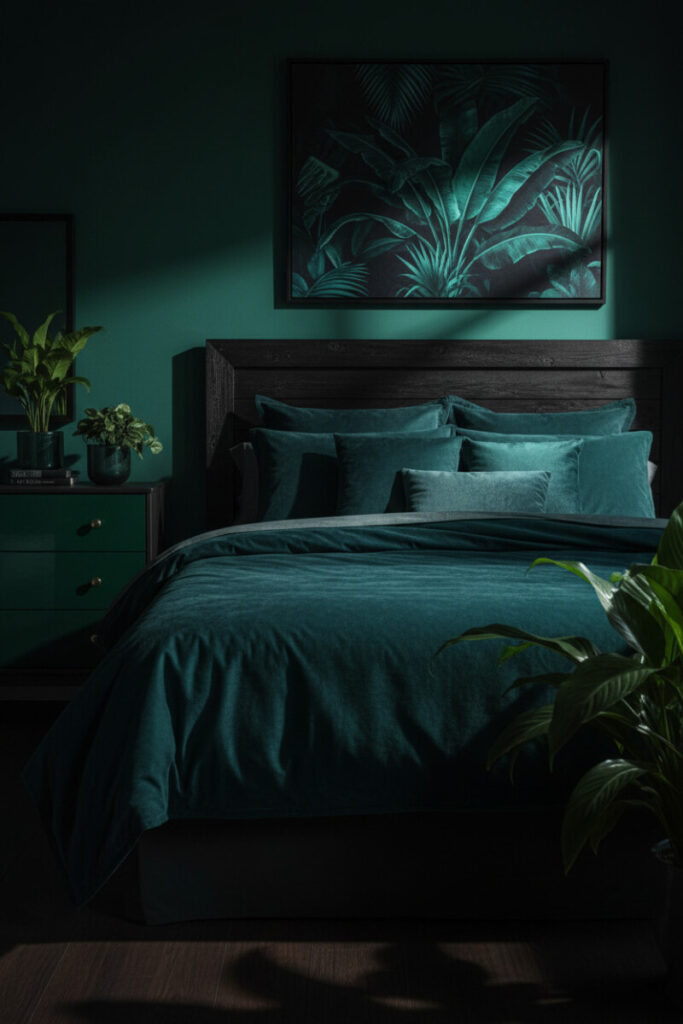 Deep teal and emerald bedding with tropical artwork, dark wood, and moody plants—an Emerald Forest Twilight ideal for dark bedroom design.