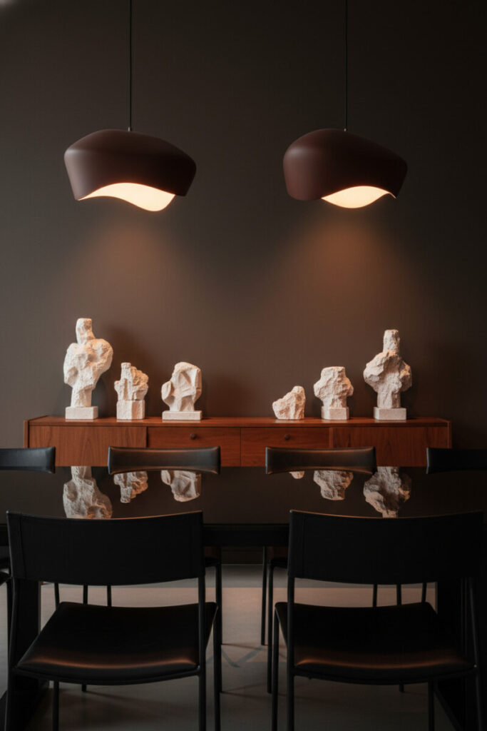Glossy black table and amber pendants over teak sideboard—Moody Dining Room Designs with dramatic dining room lighting.