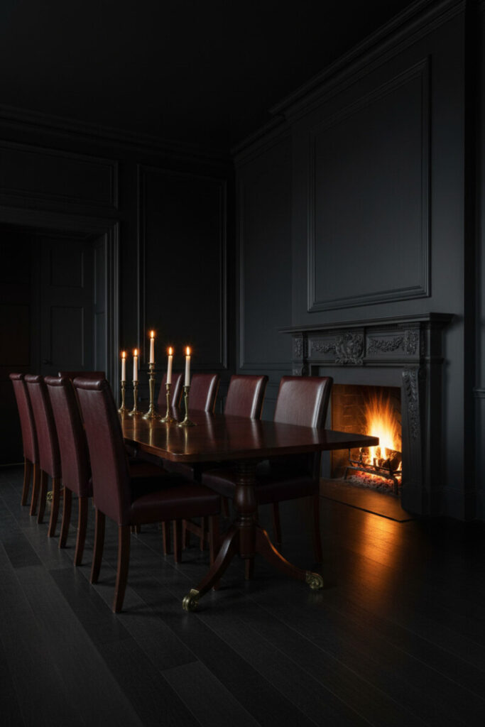 Firelit charcoal room with oxblood leather chairs and brass tapers—dramatic dining room lighting for fireside dining.