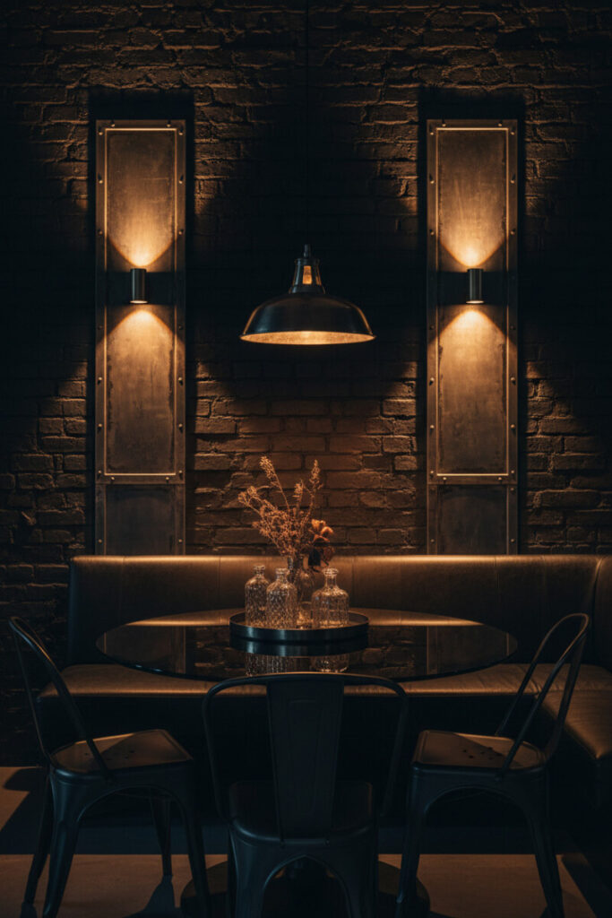 Industrial brick and riveted steel around a glossy black-glass table—dark interior dining ideas with Tolix chairs and leather banquette.