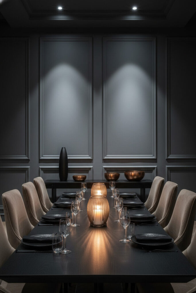 Tall velvet chairs flanking a black table with hurricane centerpiece—Moody Dining Room Designs using layered, dramatic dining room lighting.
