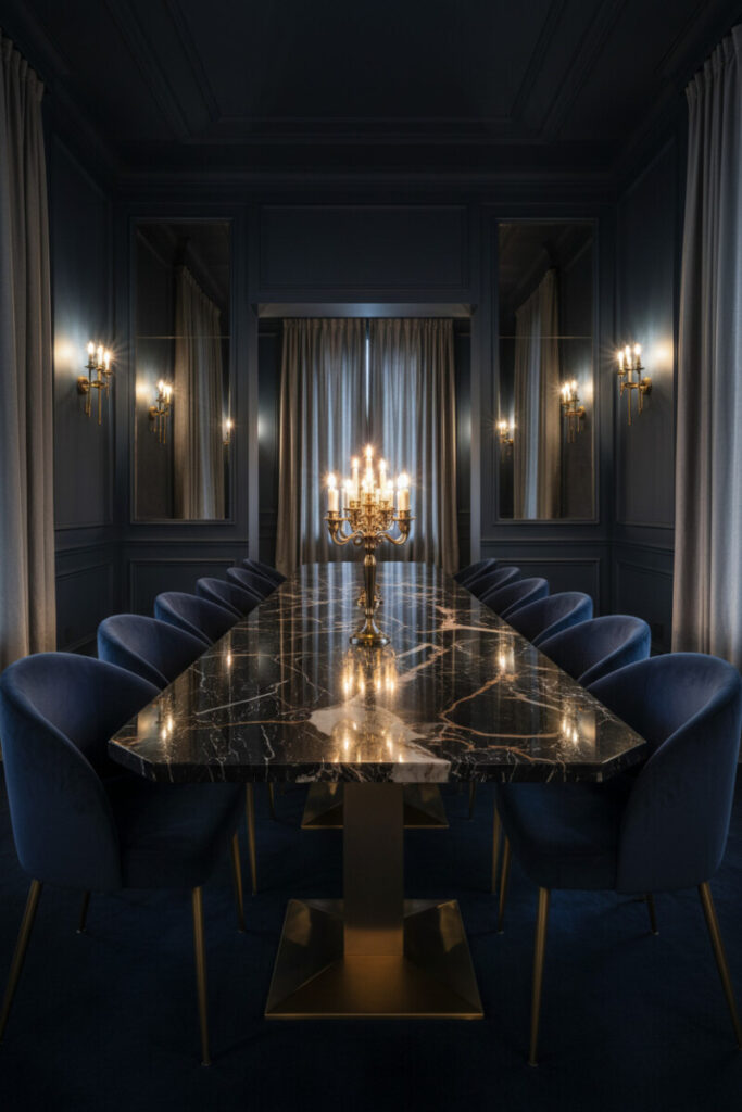 Black marble with gold veining, brass pedestal, and a forest of tapers—dramatic dining room lighting for midnight glamour.