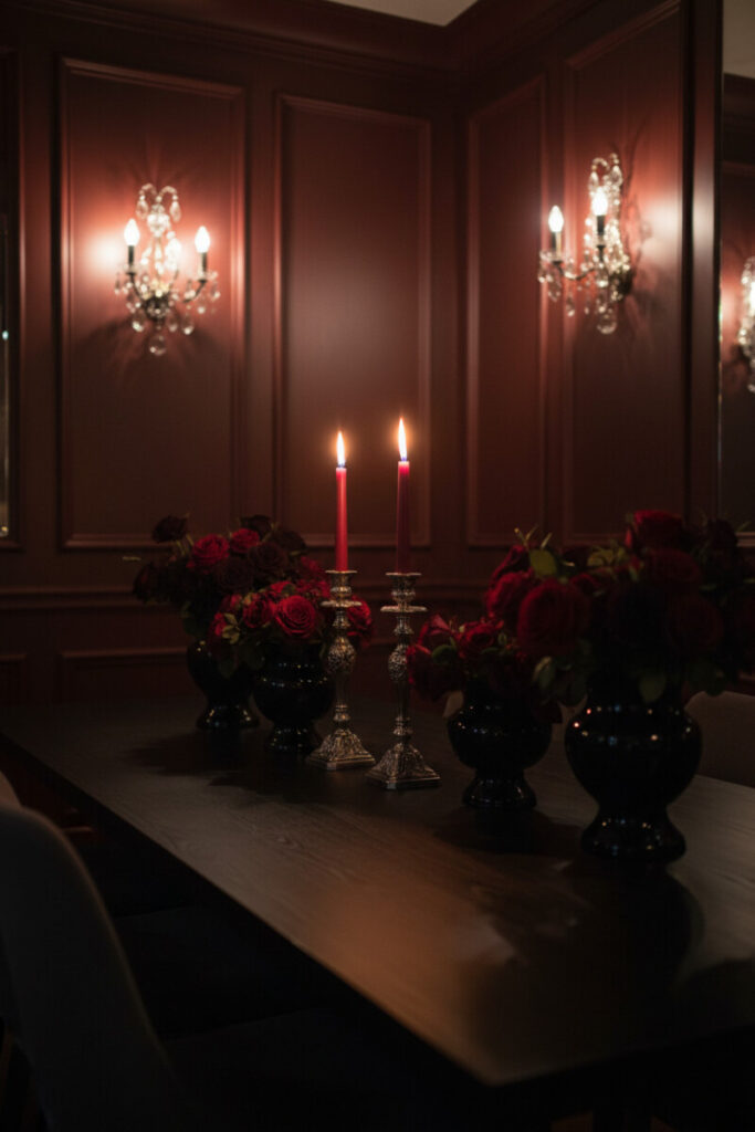 Silver candlesticks with burgundy tapers on a matte-burgundy table—dramatic dining room lighting in a romantic, candlelit vignette.