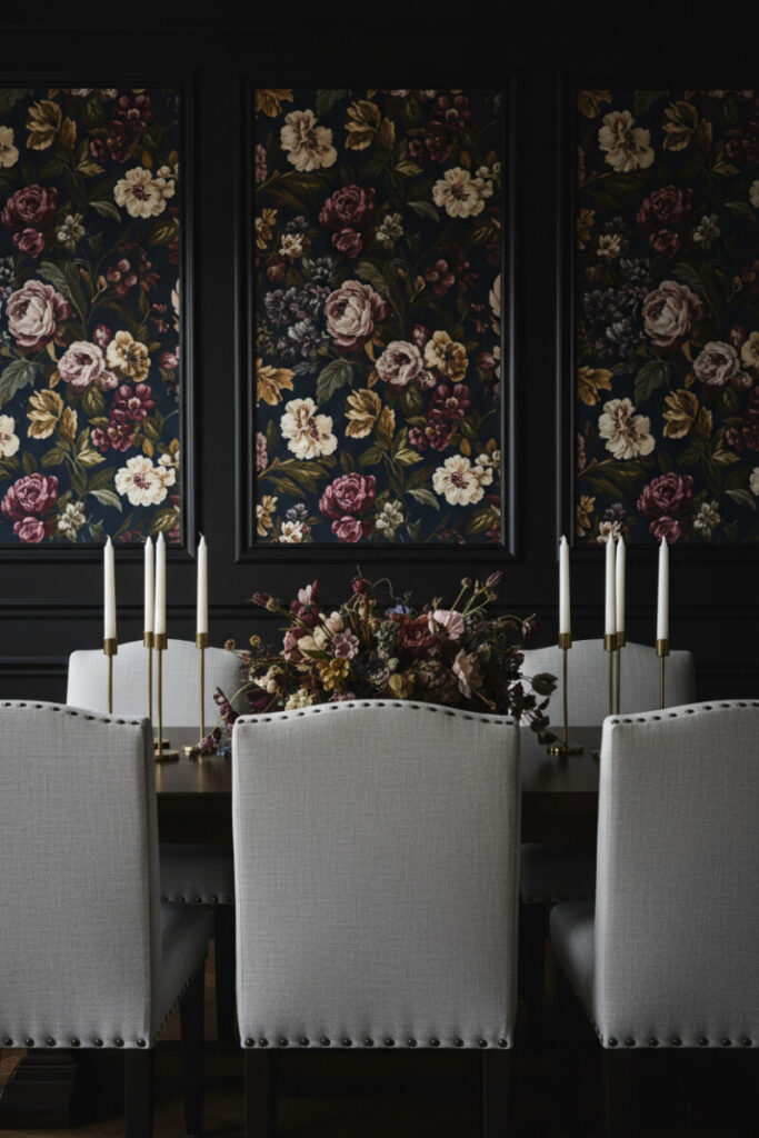 Black wainscoting with framed dark floral wallpaper and dove-gray chairs—Moody Dining Room Designs with opulent pattern play.