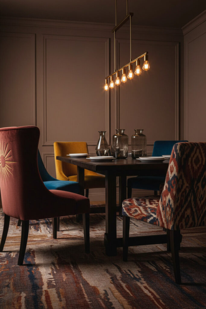 Monolithic dark table with mismatched jewel-tone velvet chairs under a filament bar—how to style a moody dining room on a budget with eclectic seating.