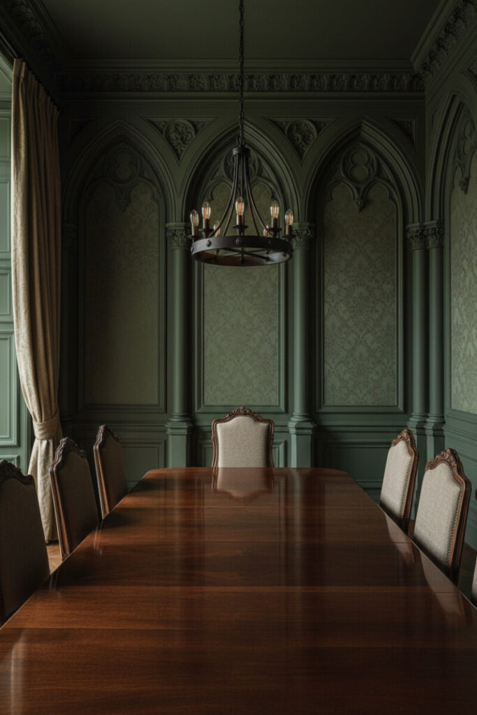 Deep green Gothic arches framing a glossy mahogany table—paint colors for moody dining rooms with natural light that honor historic detailing.