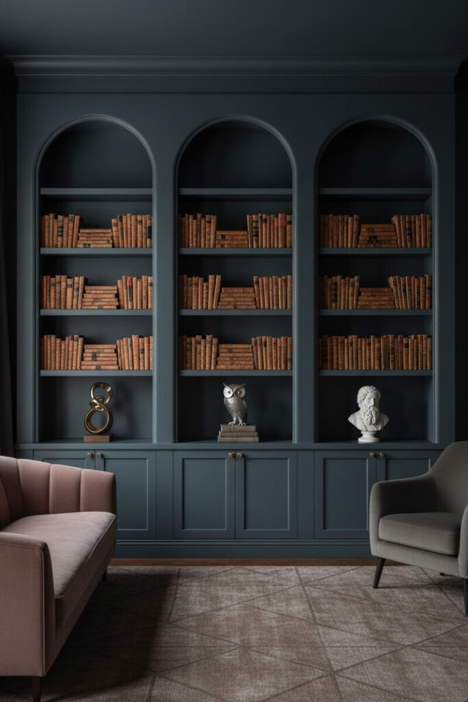 Arched charcoal-blue shelving wall with three Roman arches, antique books, bronze busts, and dusky rose plus slate-taupe velvet seating—subtle rug and chiaroscuro shadows for moody interior design.