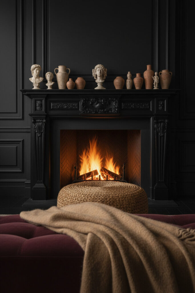 Roaring fire in carved black mantel, ivory figurines, burgundy velvet sofa with camel throw, and jute rope ottoman—cozy guide to how to style a moody living room.