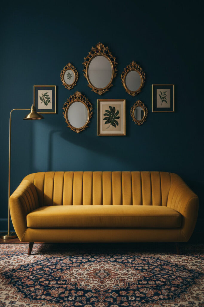 Marigold channel-tufted sofa spotlighted against midnight wall, brass floor lamp, eclectic mirrors and botanicals, Persian rug—focused moody interior design.