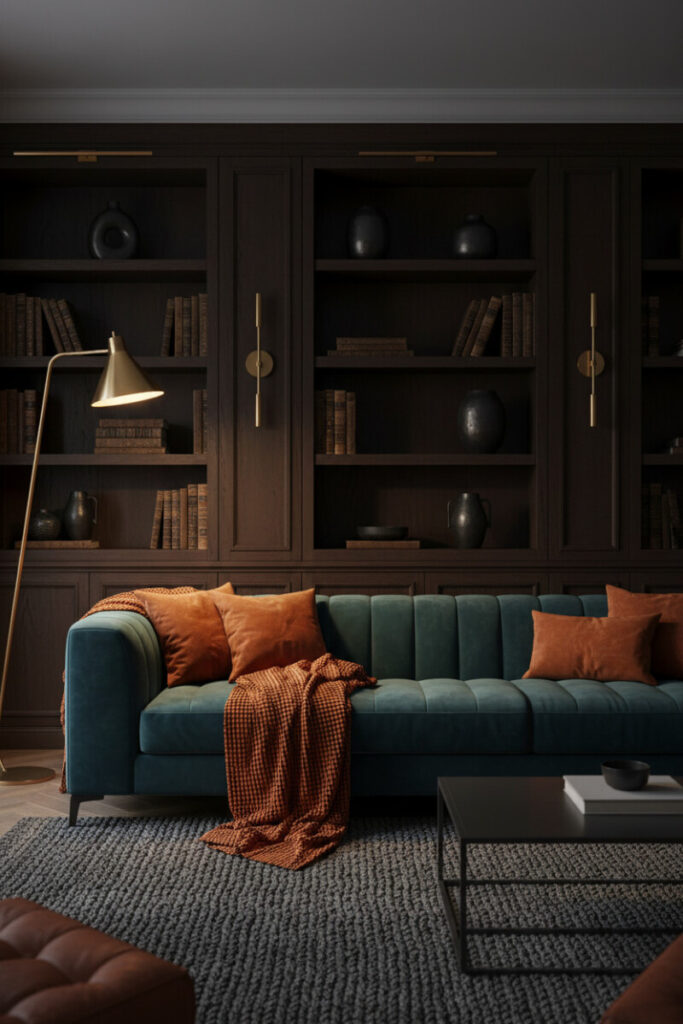 Peacock-teal velvet sofa before espresso bookcase, brass lighting and chunky knit rug—inviting dark living room with curated shelves.