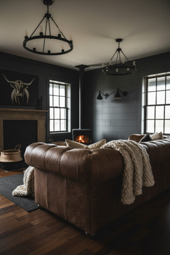 Charcoal shiplap and espresso floors with chocolate leather Chesterfield, wool throws, cast-iron stove, and wagon-wheel chandeliers—farmhouse take on how to style a moody living room.