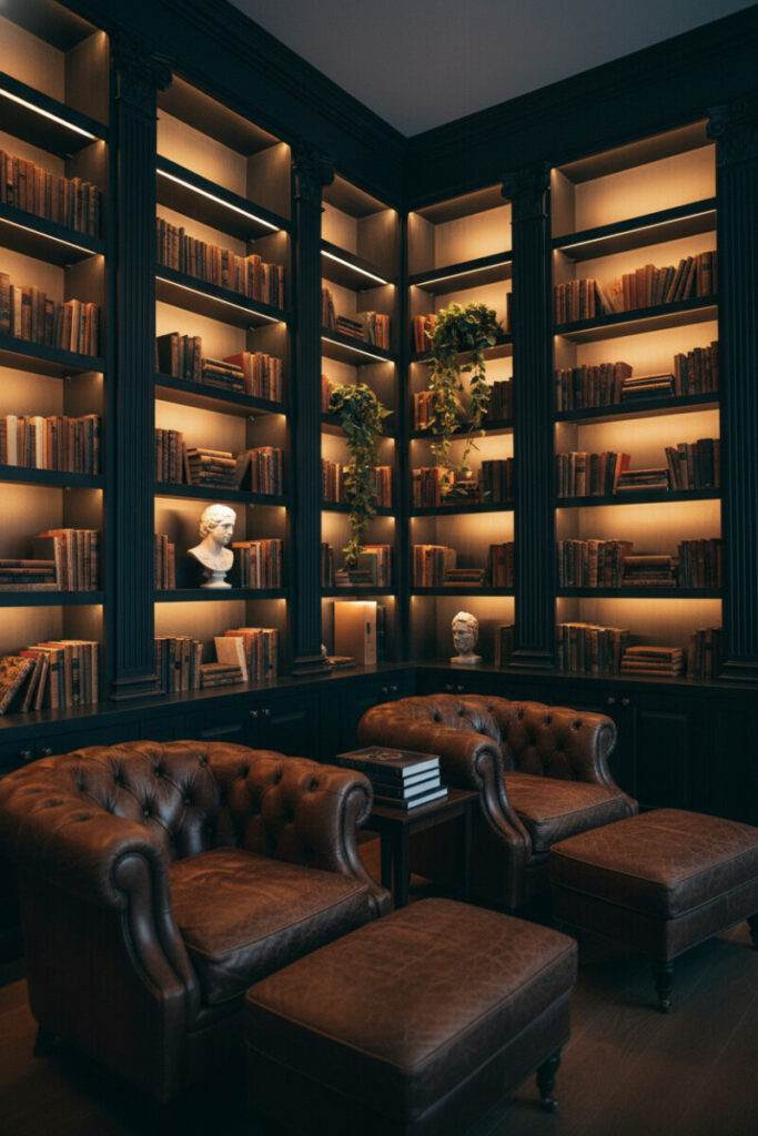 Ebony built-ins with fluted pilasters and warm LED strips, two chestnut club chairs with ottomans and marble bust—reading nook showing best lighting for moody living rooms.
