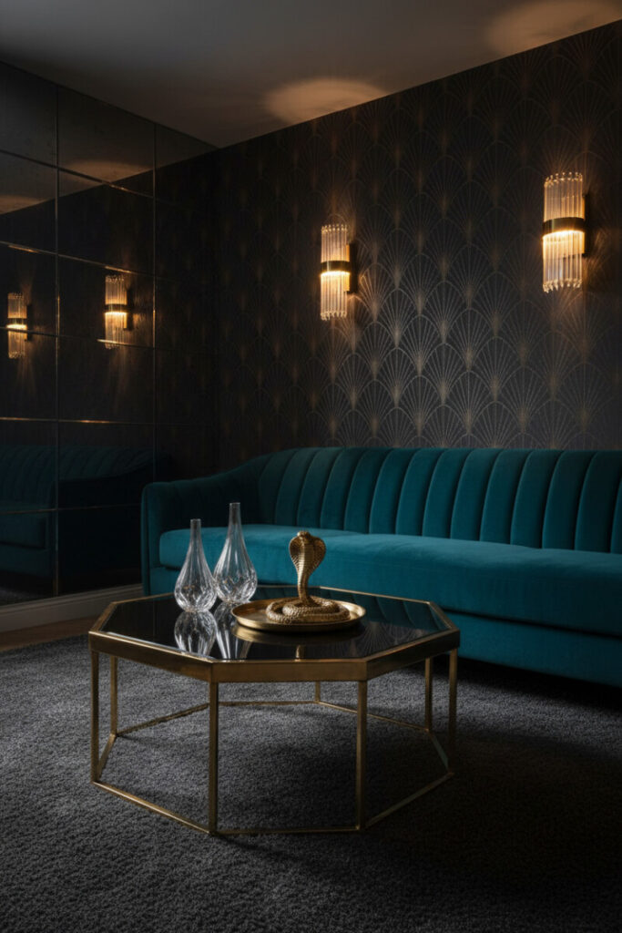 Peacock teal channel-tufted sofa against charcoal wallpaper with gold Art Deco fans, brass crystal sconces, mirrored octagonal coffee table—an elegant dark living room scene.