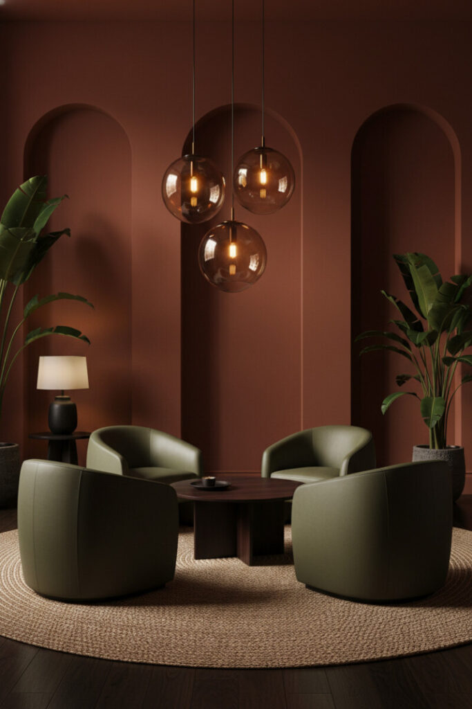 Chocolate walls with integrated arches, olive-green barrel chairs around dark round table, amber glass pendants and jute rug demonstrating how to style a moody living room.