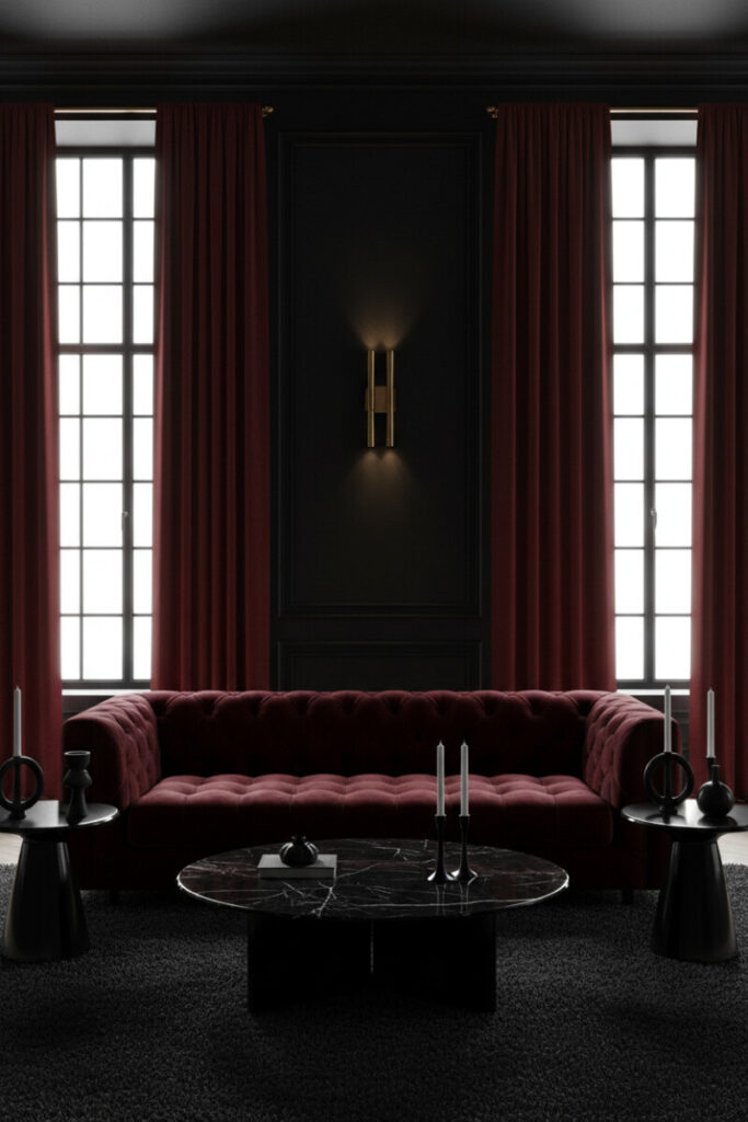 Oxblood velvet sofa centered on jet-black paneled wall, brass sconce, black marble coffee table, and heavy burgundy drapery—high-contrast Moody Living Room Ideas.
