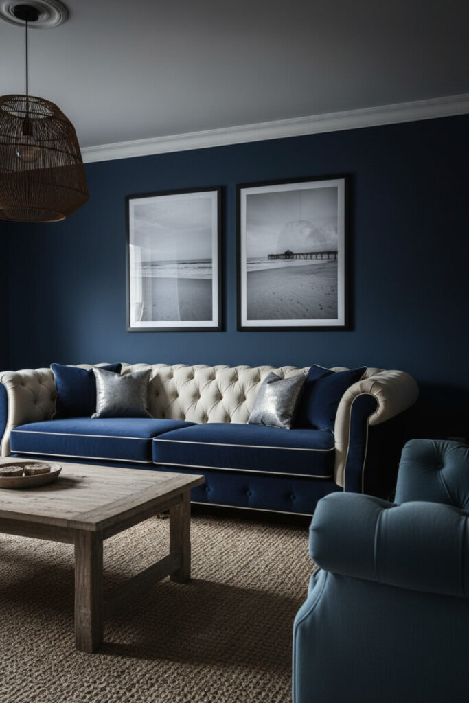 Midnight navy walls, two-tone cream and navy Chesterfield, rattan pendant, reclaimed-wood table, and jute rug—a coastal take on moody interior design.