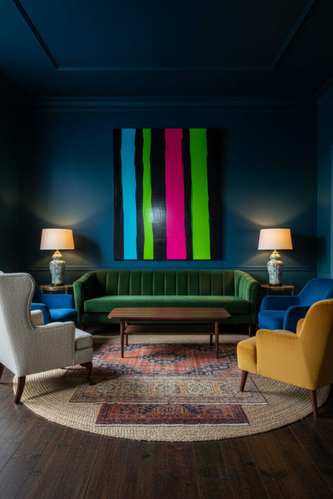 Deep teal walls with emerald sofa, neon-striped abstract art, mustard and sapphire chairs over layered rugs—color-rich dark living room composition.