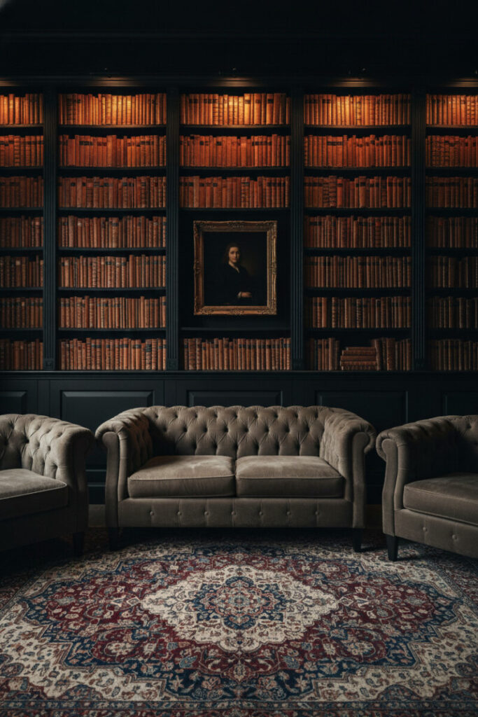 Floor-to-ceiling matte black library with thousands of antique books, taupe Chesterfields, Persian rug, and warm spotlights—classic moody interior design.