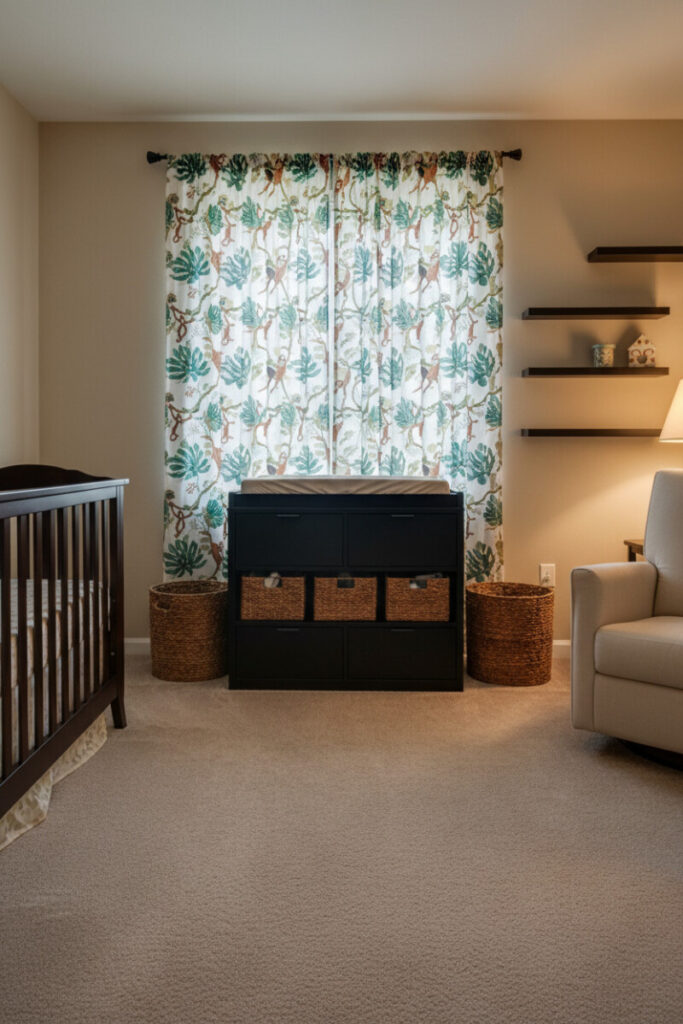 Window dressed in jungle print curtains with monkeys and leaves, black changing table, woven baskets, and warm lamp—elevated safari nursery decor.