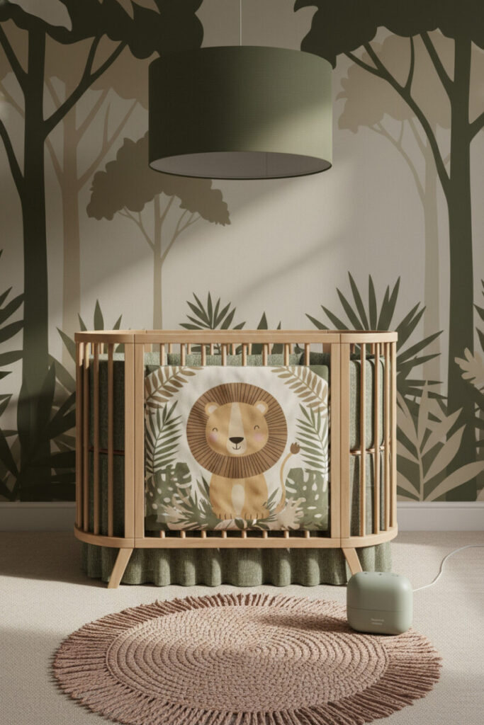 Light wood crib with friendly lion bedding, round natural-fiber rug, olive pendant, and pale sage jungle sound machine—modern safari nursery design ideas.
