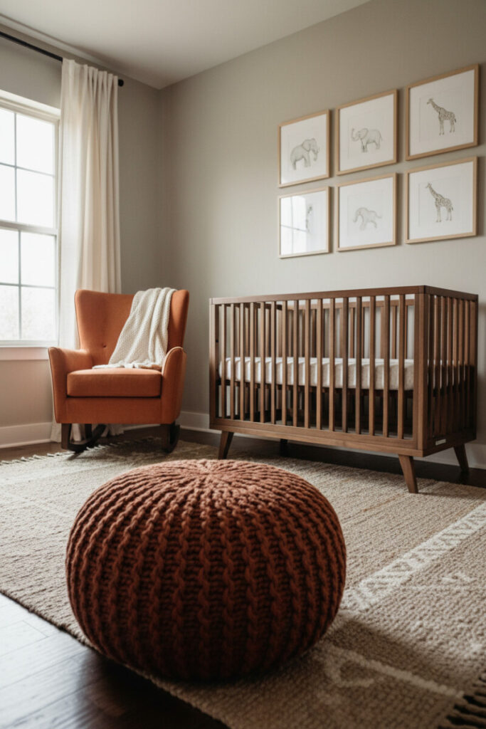 Dark walnut crib under a gallery of minimalist animal prints, terracotta knit pouf, and cream linen curtains—calm, gender neutral safari nursery.