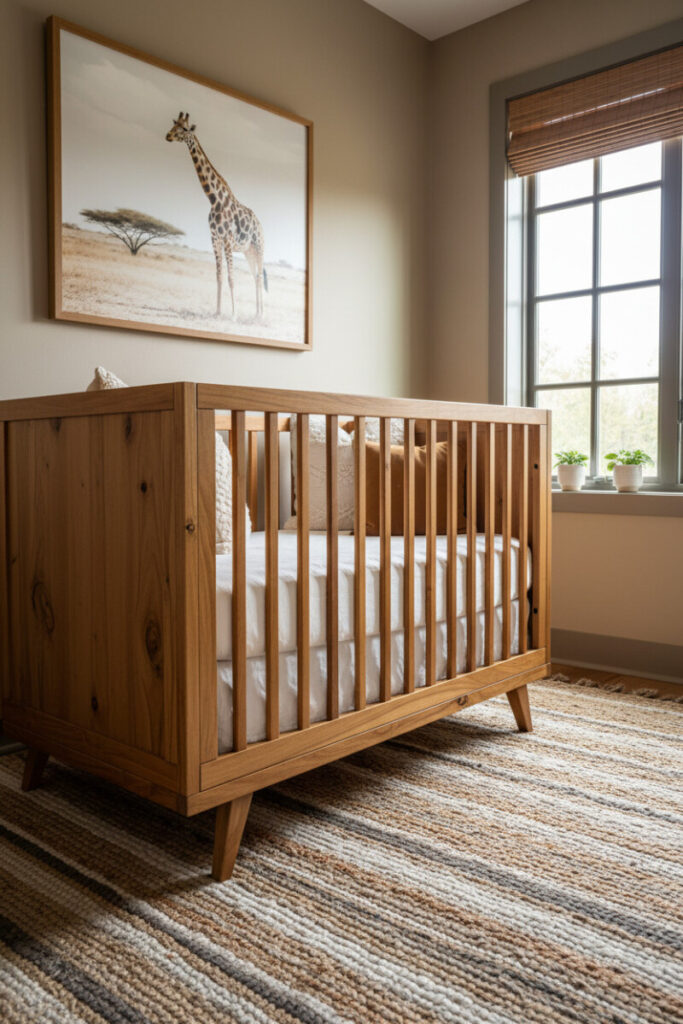 Honey-toned natural wood crib with white muslin bedding, framed giraffe art, and woven jute rug—timeless Safari Nursery Designs.