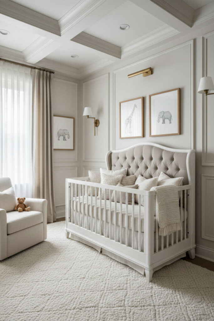 Elegant white convertible crib with tufted headboard, paneled walls, brass sconce, and neutral animal accents—refined safari nursery decor.