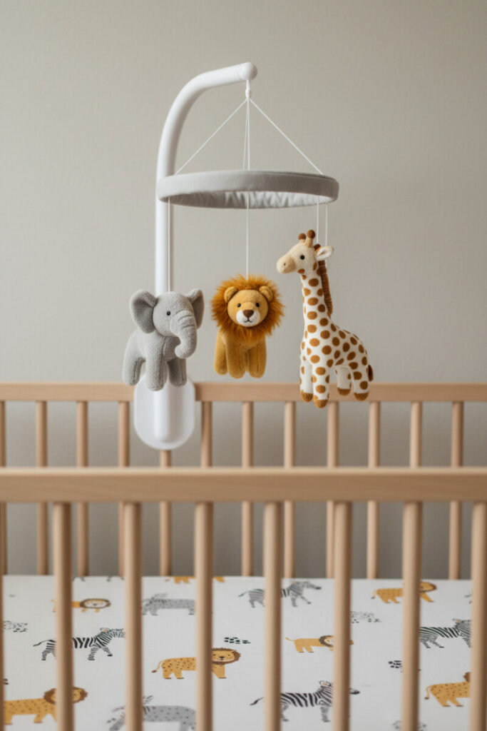 Plush safari mobile with elephant, lion, and giraffe over pale wood crib and animal-print sheet—whimsical jungle nursery ideas.