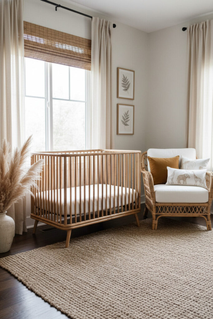 Honey rattan crib and matching armchair atop chunky braided jute rug, pampas grass and sheer linen for airy modern safari nursery design ideas.