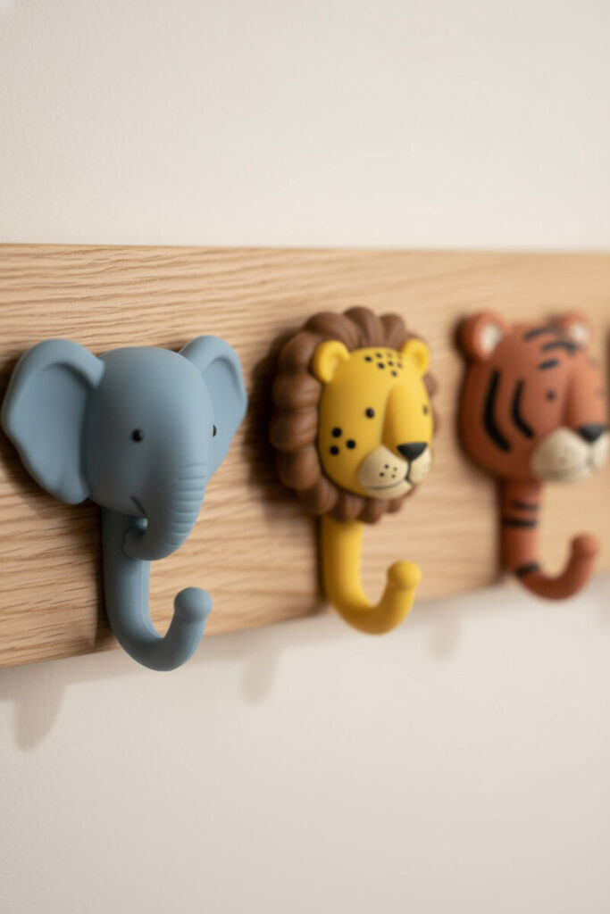 Oak plank with colorful animal wall hooks—blue elephant, yellow lion, orange tiger—practical accent in cohesive safari nursery decor.