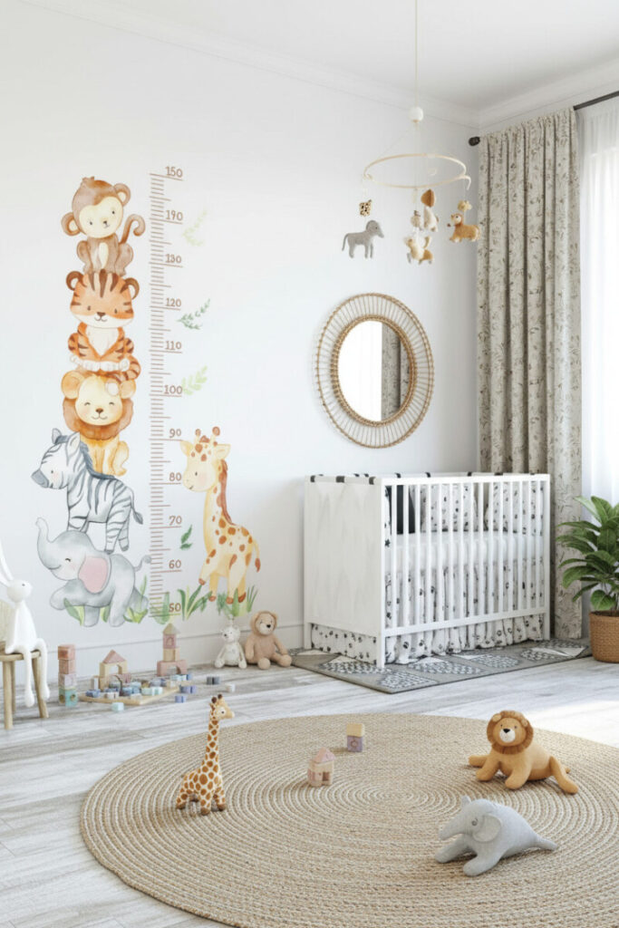Watercolor safari growth chart with stacked animals beside white crib and rattan mirror, jute rug and plush toys—bright, gender neutral safari nursery.