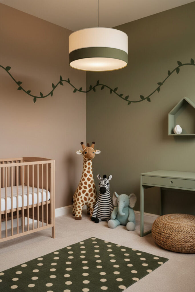 Oversized plush giraffe, zebra, and blue elephant against two-tone olive and taupe wall with vine decals, balancing crib and desk—playful jungle nursery ideas.