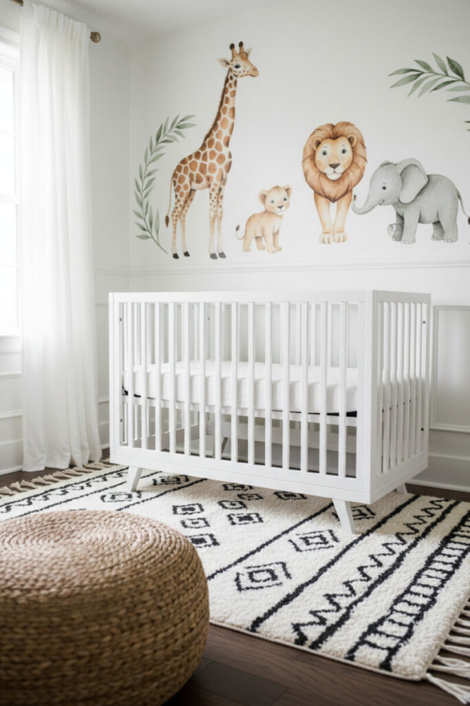 White nursery with large watercolor safari wall decals, geometric tribal rug, and jute pouf—clean, high-key Safari Nursery Designs.
