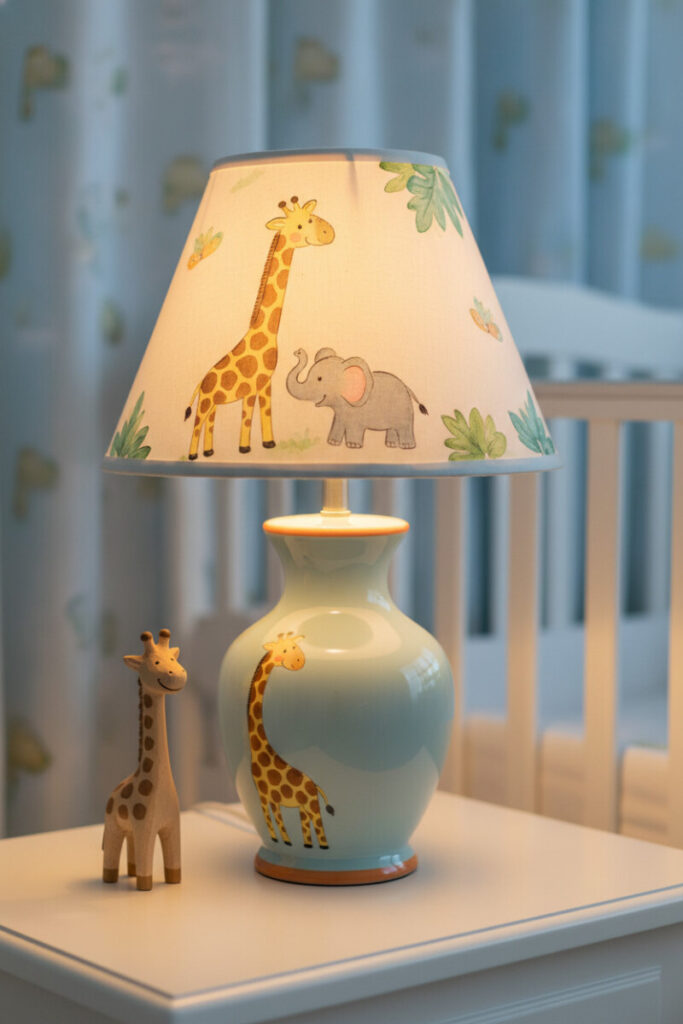 Pastel safari table lamp glowing on white nightstand, giraffe shade and ceramic base near crib and soft blue curtains—cozy safari nursery decor.