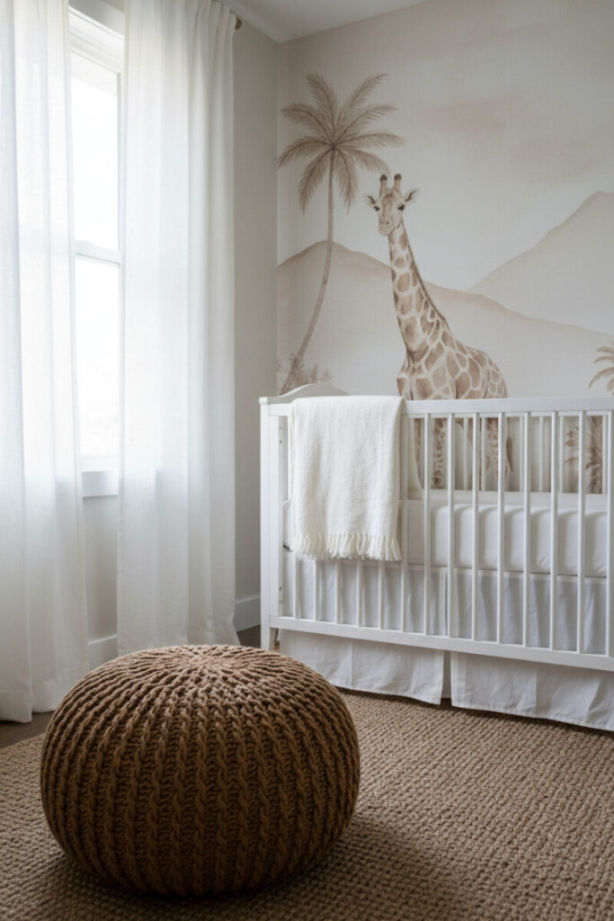 Soft neutral safari wallpaper with watercolor giraffe, white crib, caramel cable-knit pouf, and sheer curtains—quiet, gender neutral safari nursery.