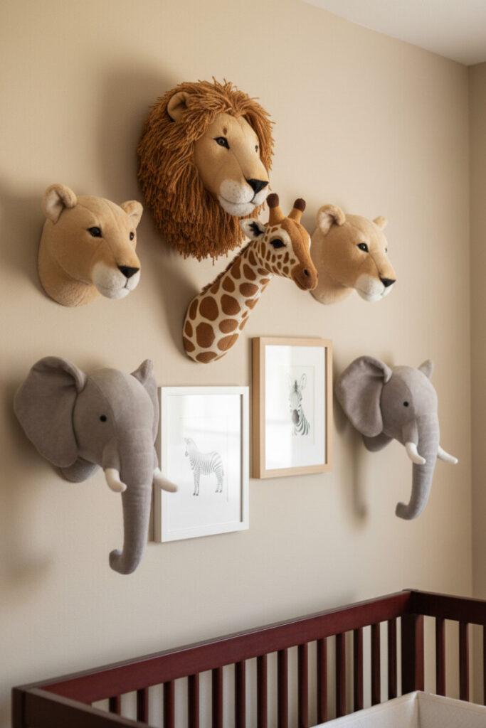 Wall-mounted plush animal heads—lion, giraffe, elephants—with minimalist zebra prints above dark wood crib—textural Safari Nursery Designs.