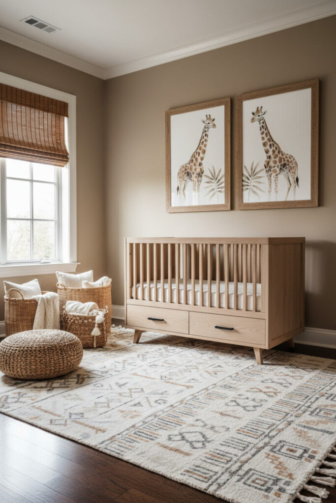 Wicker storage baskets with knitted blankets beside light wood crib with drawers, bamboo shade, and neutral patterned rug—functional safari nursery decor.