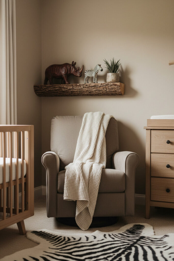 Rustic log shelf holding carved wooden animal figurines over taupe glider and zebra-hide-style rug—artisanal modern safari nursery design ideas.