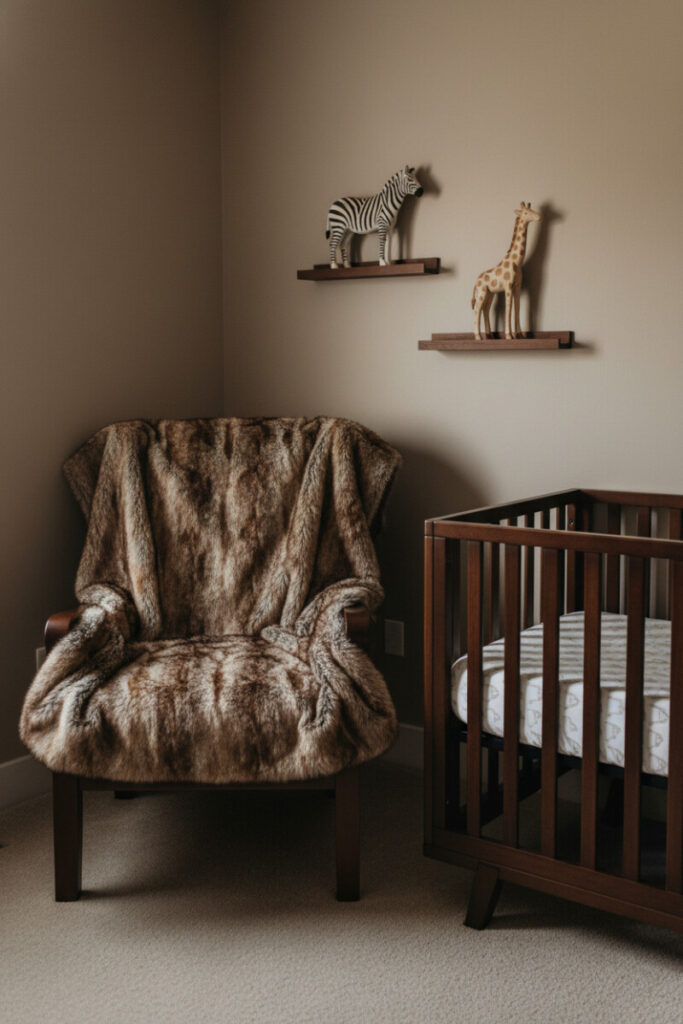 Cozy chair draped in shaggy faux fur beside dark wood slat crib and warm evening light for a serene reading nook.