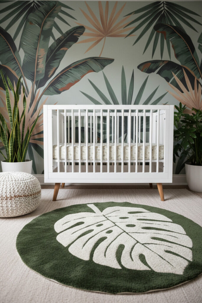 White crib against jungle mural with oversized circular Monstera play mat, live plants, and soft natural light for tactile Safari Nursery Designs.